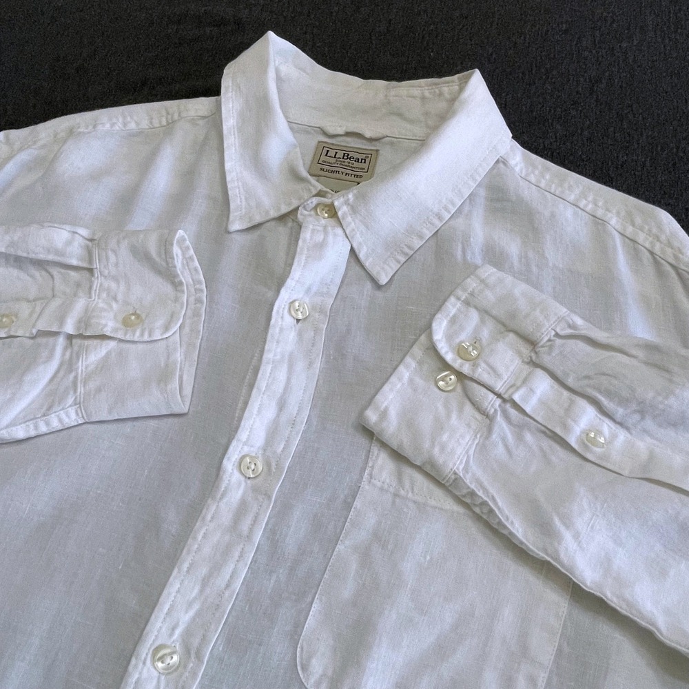 L.L.Bean Mens XL-REG White Linen Shirt Slightly Fitted Lightweight Beach Resort